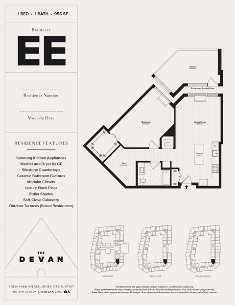 Floor plan for 1 bed, 1 bath, 956 sqft