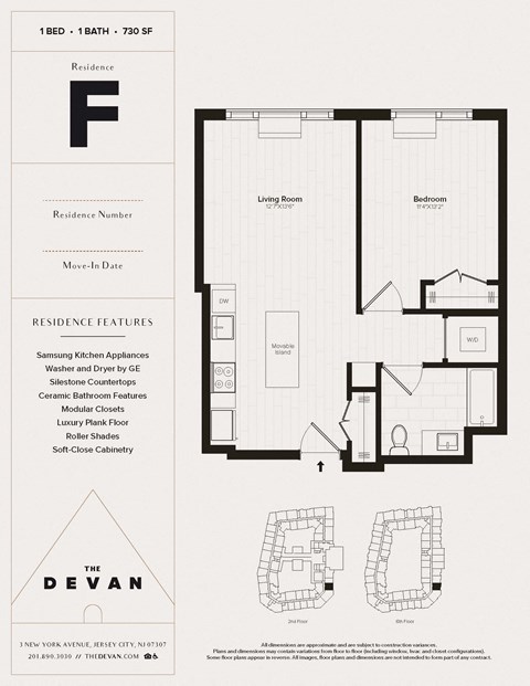 Floor plan for 1 bed, 1 bath, 730 sqft
