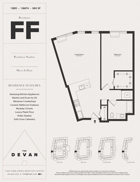 Floor plan for 1 bed, 1 bath, 960 sqft