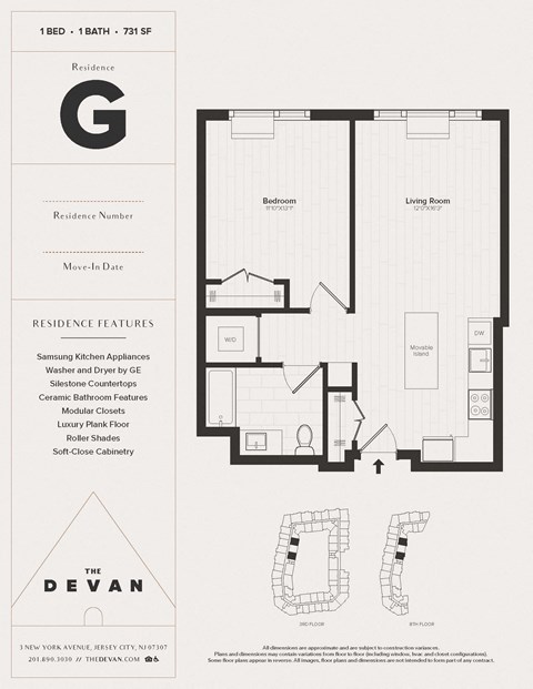 Floor plan for 1 bed, 1 bath, 731 sqft