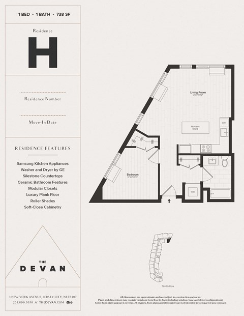 Floor plan for 1 bed, 1 bath, 738 sqft