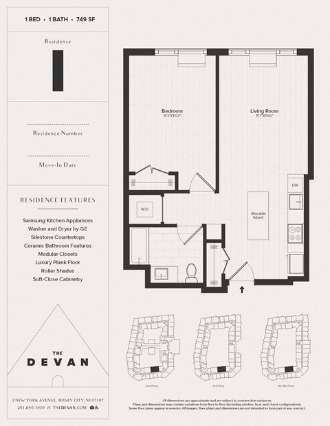 Floor plan for 1 bed, 1 bath, 749 sqft