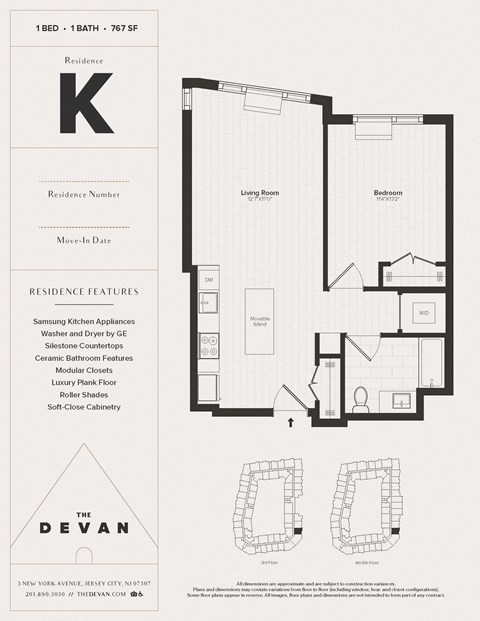 Floor plan for 1 bed, 1 bath, 767 sqft