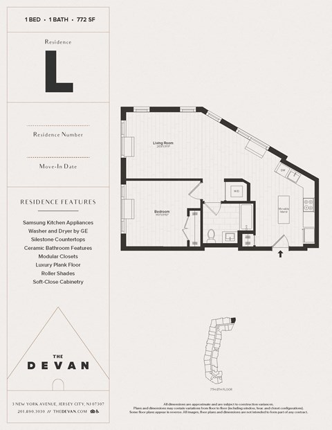 Floor plan for 1 bed, 1 bath, 772 sqft