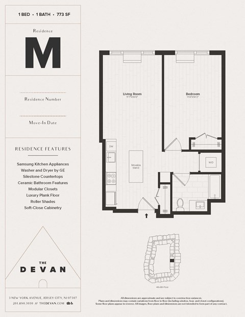 Floor plan for 1 bed, 1 bath, 773 sqft