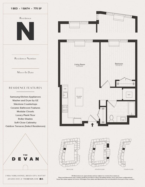Floor plan for 1 bed, 1 bath, 775 sqft