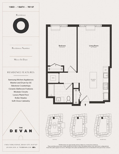 Floor plan for 1 bed, 1 bath, 781 sqft