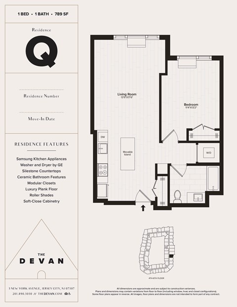 Floor plan for 1 bed, 1 bath, 789 sqft
