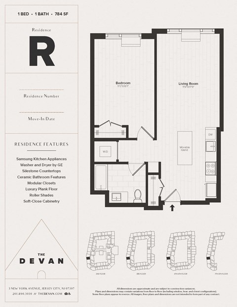 Floor plan for 1 bed, 1 bath, 791 sqft