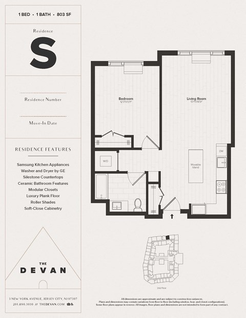 Floor plan for 1 bed, 1 bath, 803 sqft