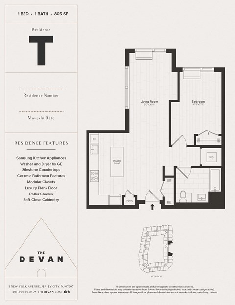 Floor plan for 1 bed, 1 bath, 805 sqft