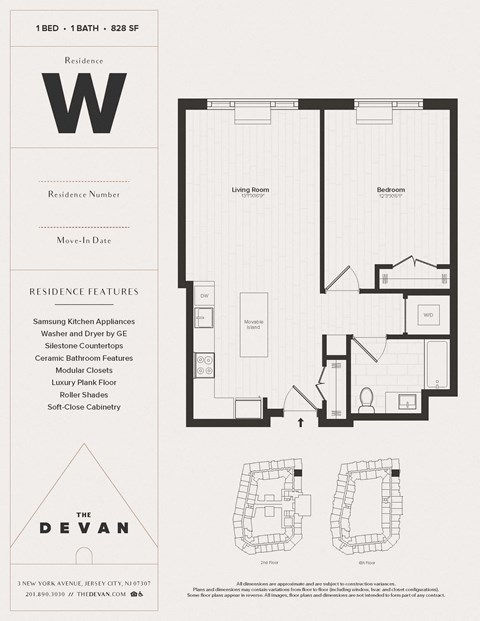 Floor plan for 1 bed, 1 bath, 828 sqft