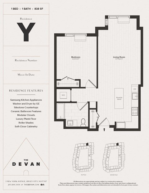 Floor plan for 1 bed, 1 bath, 838 sqft