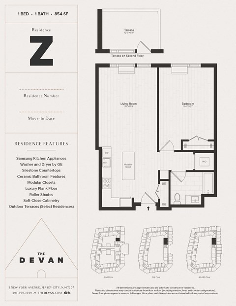 Floor plan for 1 bed, 1 bath, 854 sqft
