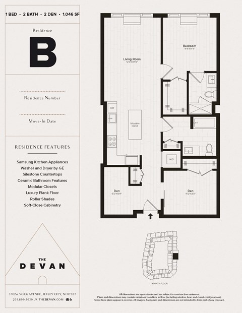 Floor plan for 1 bed, 2 baths, 1046 sqft