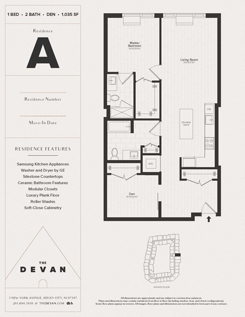 Floor plan for 1 bed, 2 baths, 1035 sqft