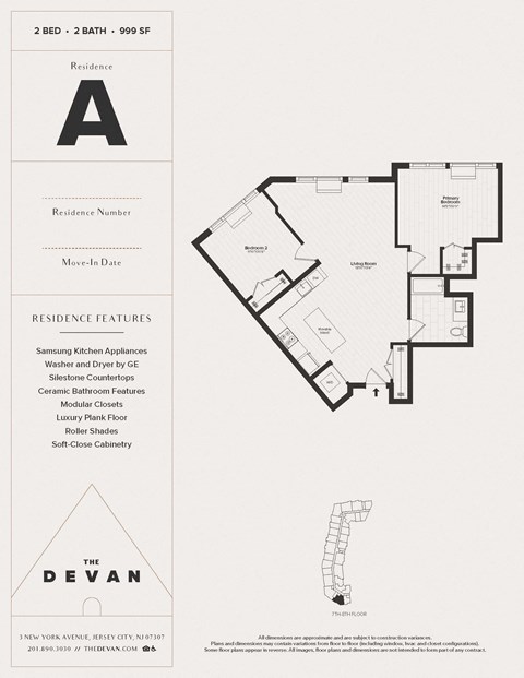 Floor plan for 2 beds, 1 bath, 999 sqft