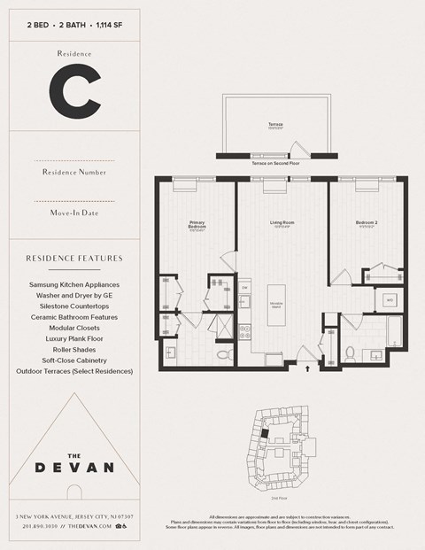 Floor plan for 2 beds, 2 baths, 1114 sqft