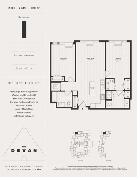 Floor plan for 2 beds, 2 baths, 1215 sqft