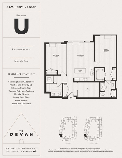 Floor plan for 2 beds, 2 baths, 1343 sqft