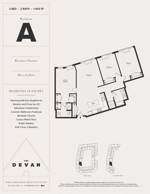 Floor plan for 3 beds, 2 baths, 1443 sqft