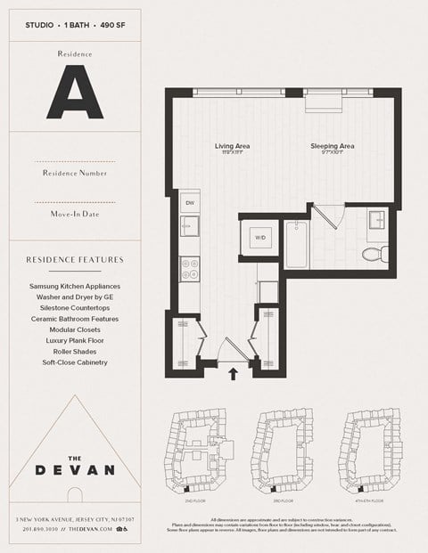 Floor plan for studio, 1 bath, 490 sqft