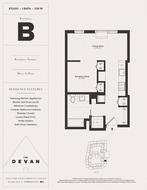 Floor plan for studio, 1 bath, 539 sqft