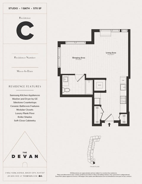 Floor plan for studio, 1 bath, 570 sqft