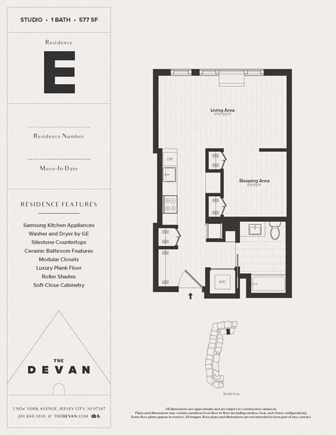 Floor plan for studio, 1 bath, 577 sqft