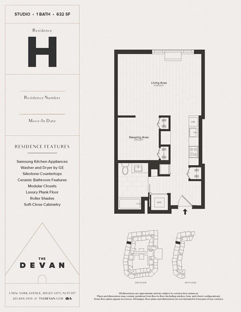 Floor plan for studio, 1 bath, 632 sqft