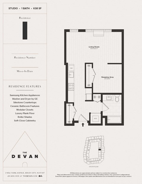 Floor plan for studio, 1 bath, 638 sqft