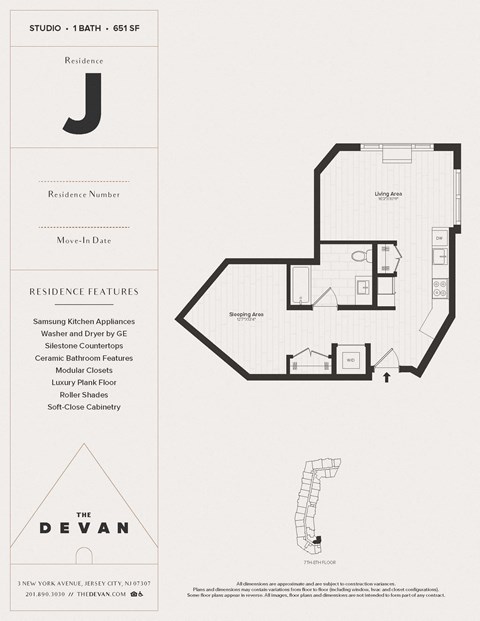 Floor plan for studio, 1 bath, 651 sqft