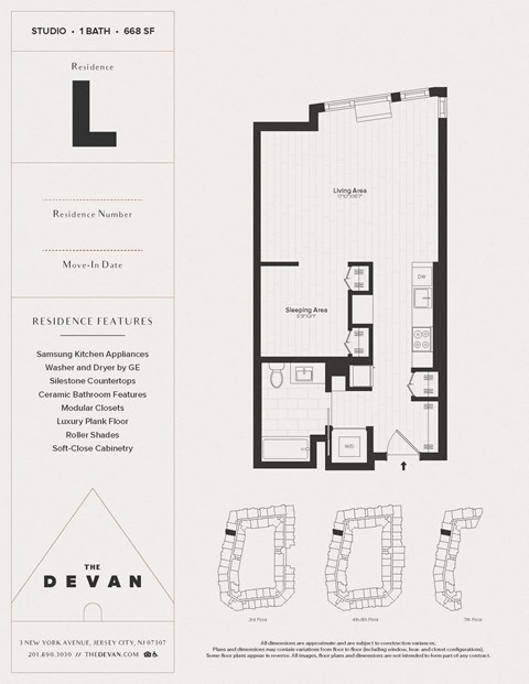 Floor plan for studio, 1 bath, 668 sqft
