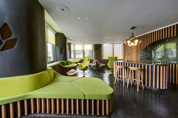Jersey City apartment for rent - A modern living room with a green sofa and wooden chairs.