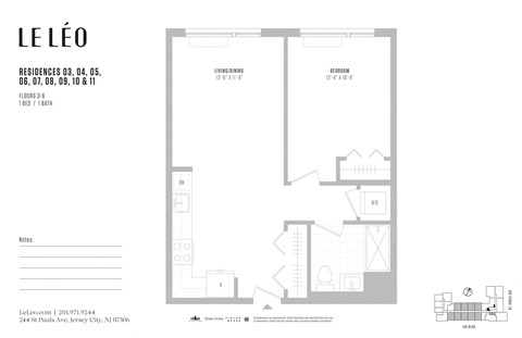 Floor plan for 1 bed, 1 bath, 680 sqft
