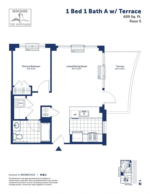Floor plan for 1 bed, 1 bath, 609 sqft