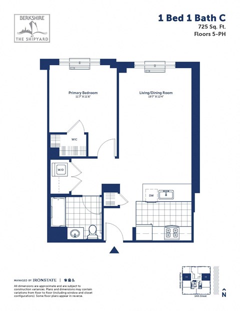 Floor plan for 1 bed, 1 bath, 725 sqft