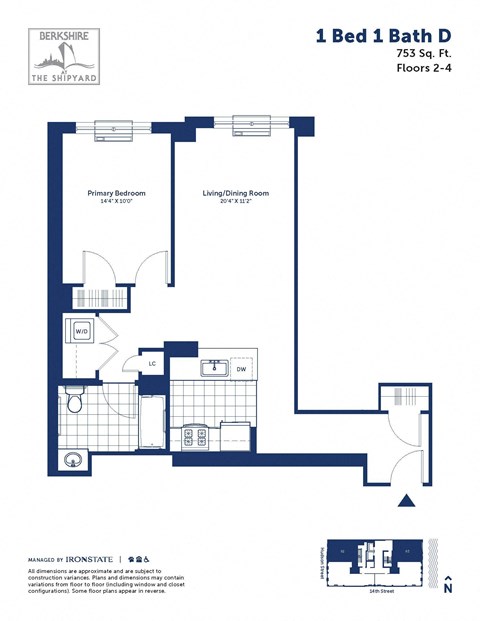 Floor plan for 1 bed, 1 bath, 753 sqft