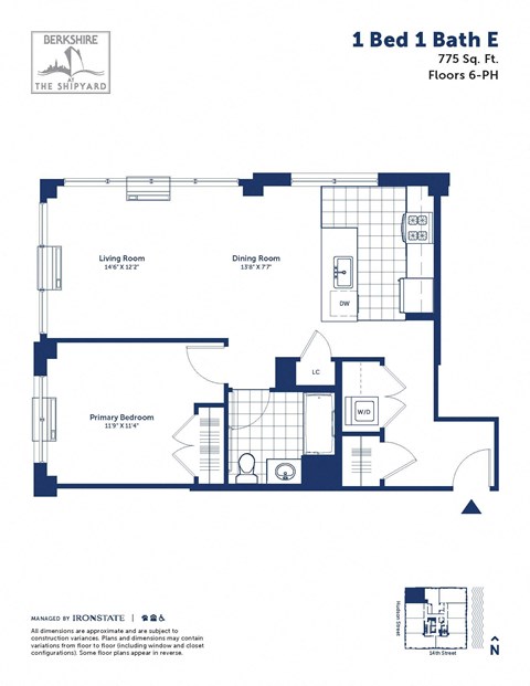 Floor plan for 1 bed, 1 bath, 775 sqft