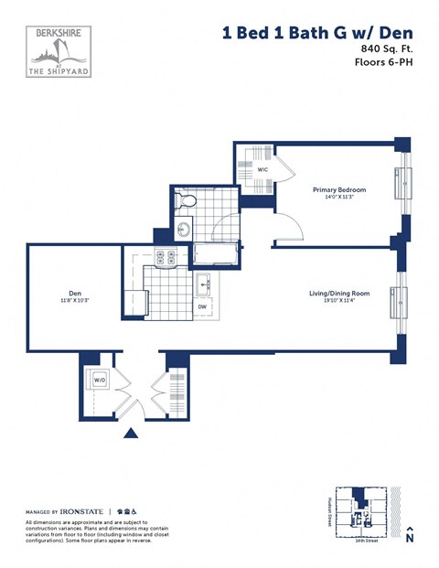 Floor plan for 1 bed, 1 bath, 840 sqft