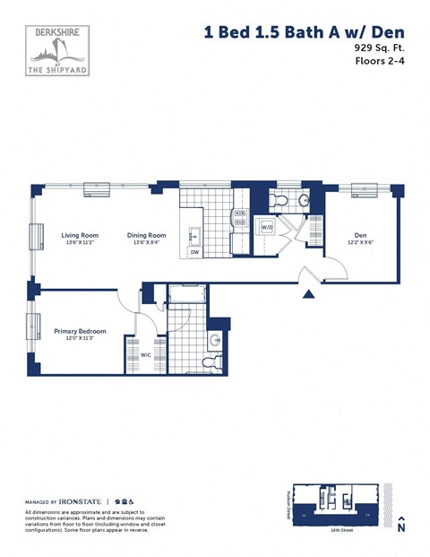 Floor plan for 1 bed, 1.5 baths, 929 sqft