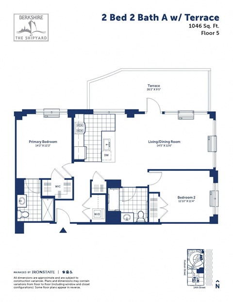 Floor plan for 2 beds, 2 baths, 1046 sqft