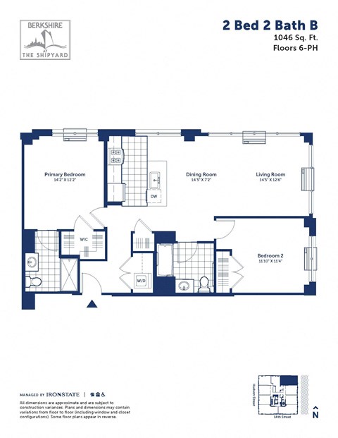 Floor plan for 2 beds, 2 baths, 1046 sqft