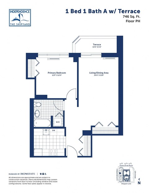 Floor plan for 1 bed, 1 bath, 746 sqft