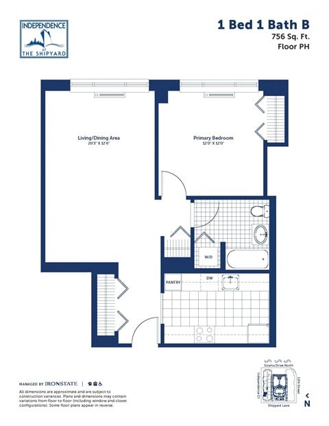 Floor plan for 1 bed, 1 bath, 756 sqft