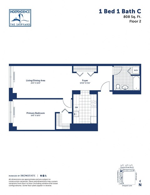 Floor plan for 1 bed, 1 bath, 808 sqft
