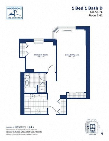 Floor plan for 1 bed, 1 bath, 814 sqft