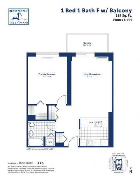 Floor plan for 1 bed, 1 bath, 819 sqft