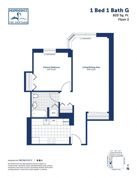 Floor plan for 1 bed, 1 bath, 820 sqft