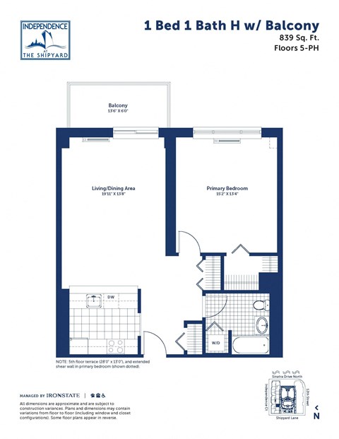 Floor plan for 1 bed, 1 bath, 839 sqft